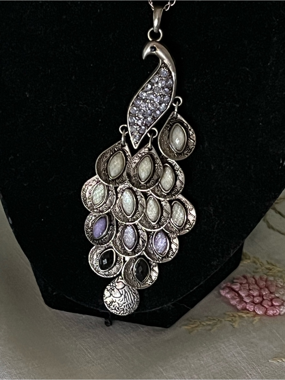 Elegant Silver-Tone Peacock Pendant Necklace with Purple and White Accents 38”